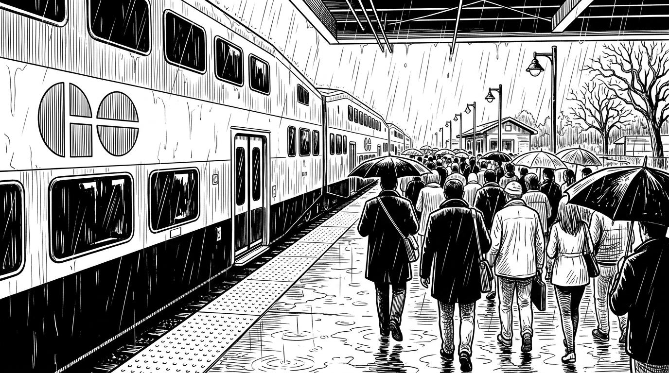 Ink drawing of a rainy GO train platform seen from the eyes of someone who just stepped off the train, walking with a crowd under umbrellas.